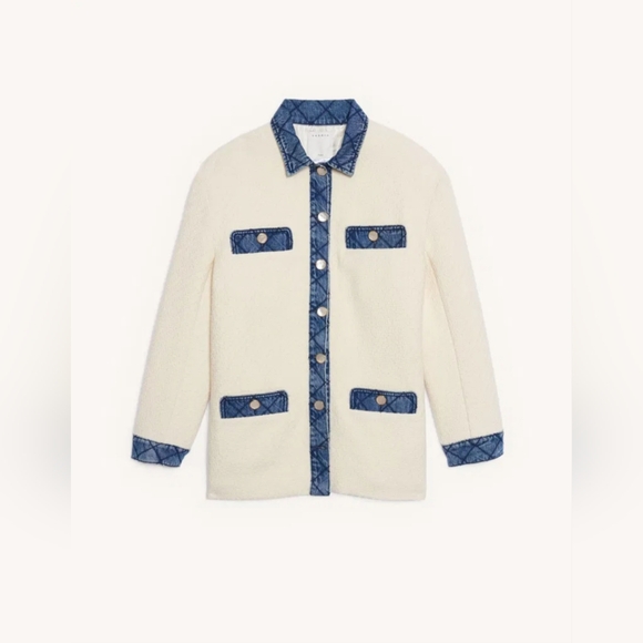 Sandro Ivory Tweed Jacket with Quilted Denim Inserts Size 38/US Size 6 - Picture 5 of 16